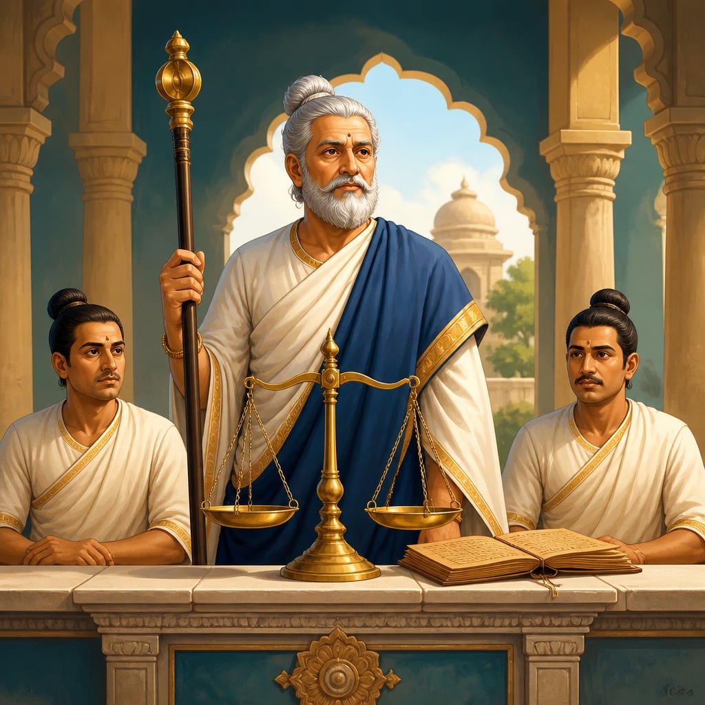 A magistrate holding the danda staff above the scales of justice