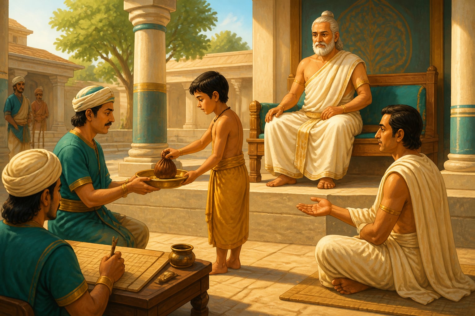 A fine being paid and compensation delivered in a Mauryan court