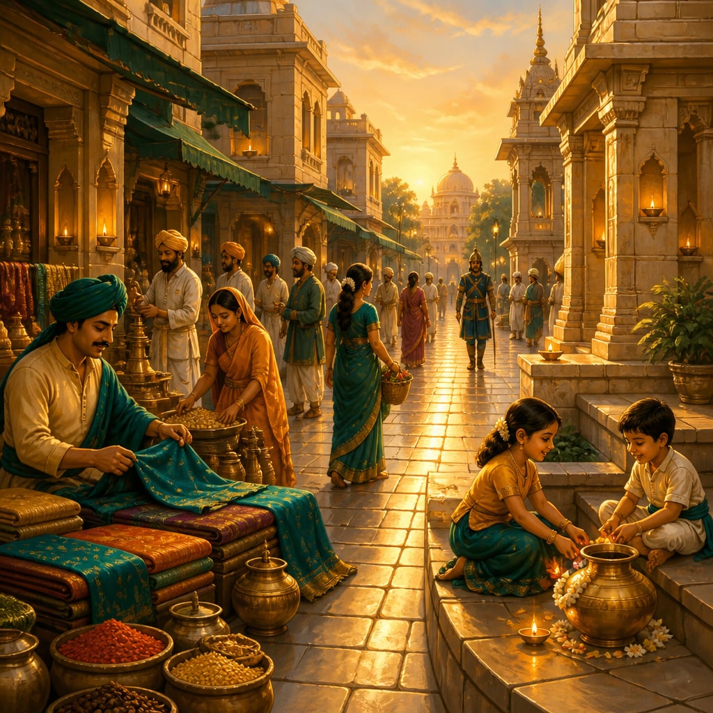 A peaceful Mauryan marketplace at early evening with citizens moving freely