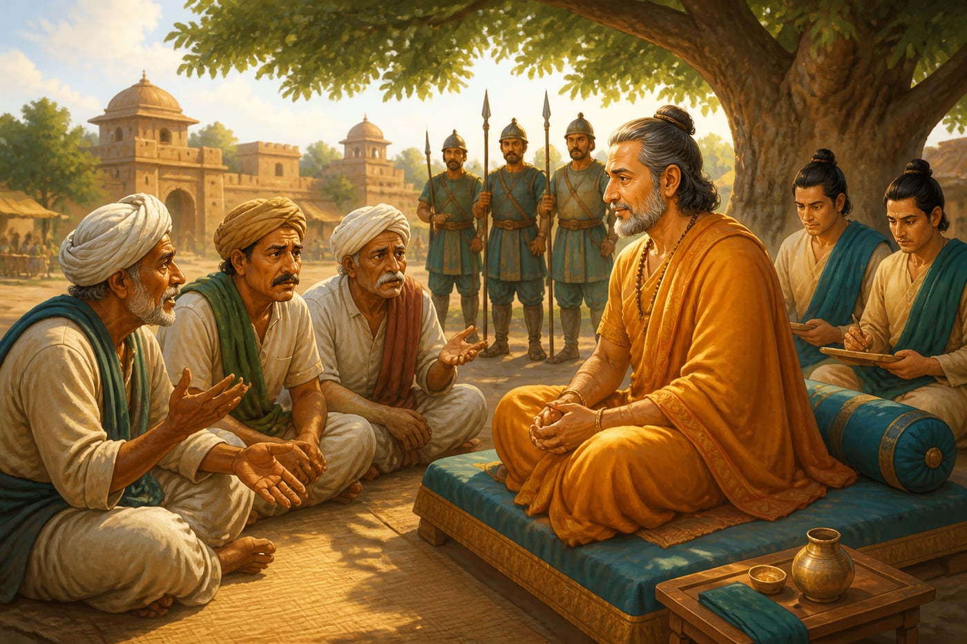 A Mauryan governor negotiating calmly with restive provincial elders