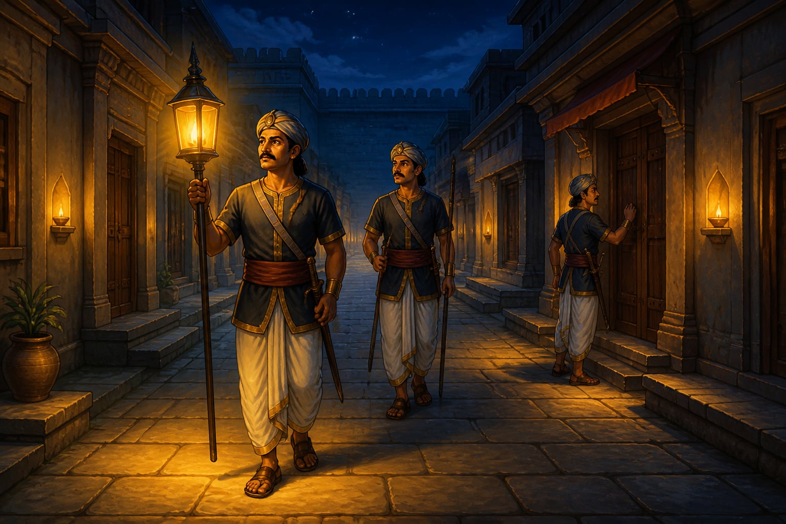 A Mauryan night patrol with lanterns walking a well lit street