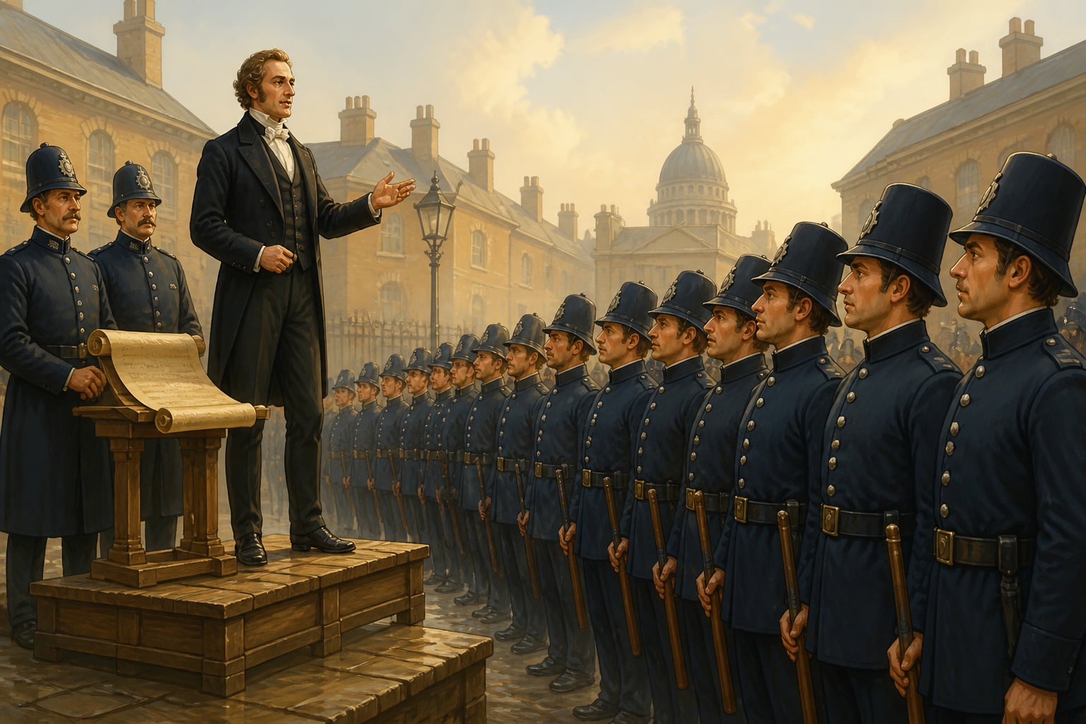Sir Robert Peel addresses the first Metropolitan Police constables in 1829