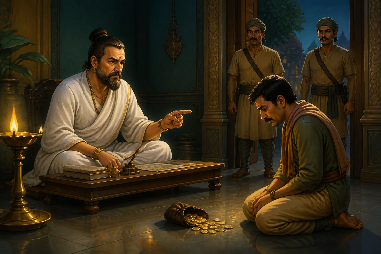 A Mauryan minister confronts a corrupt spy who took a bribe
