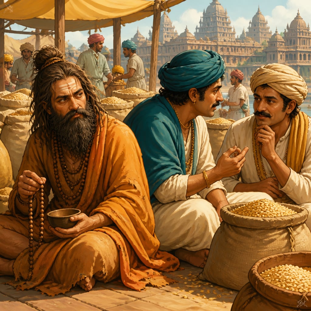 A samsthah spy disguised as an ascetic listening at a grain market
