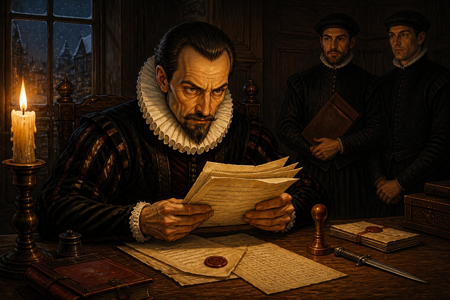 Sir Francis Walsingham reads intercepted letters by candlelight in 1586
