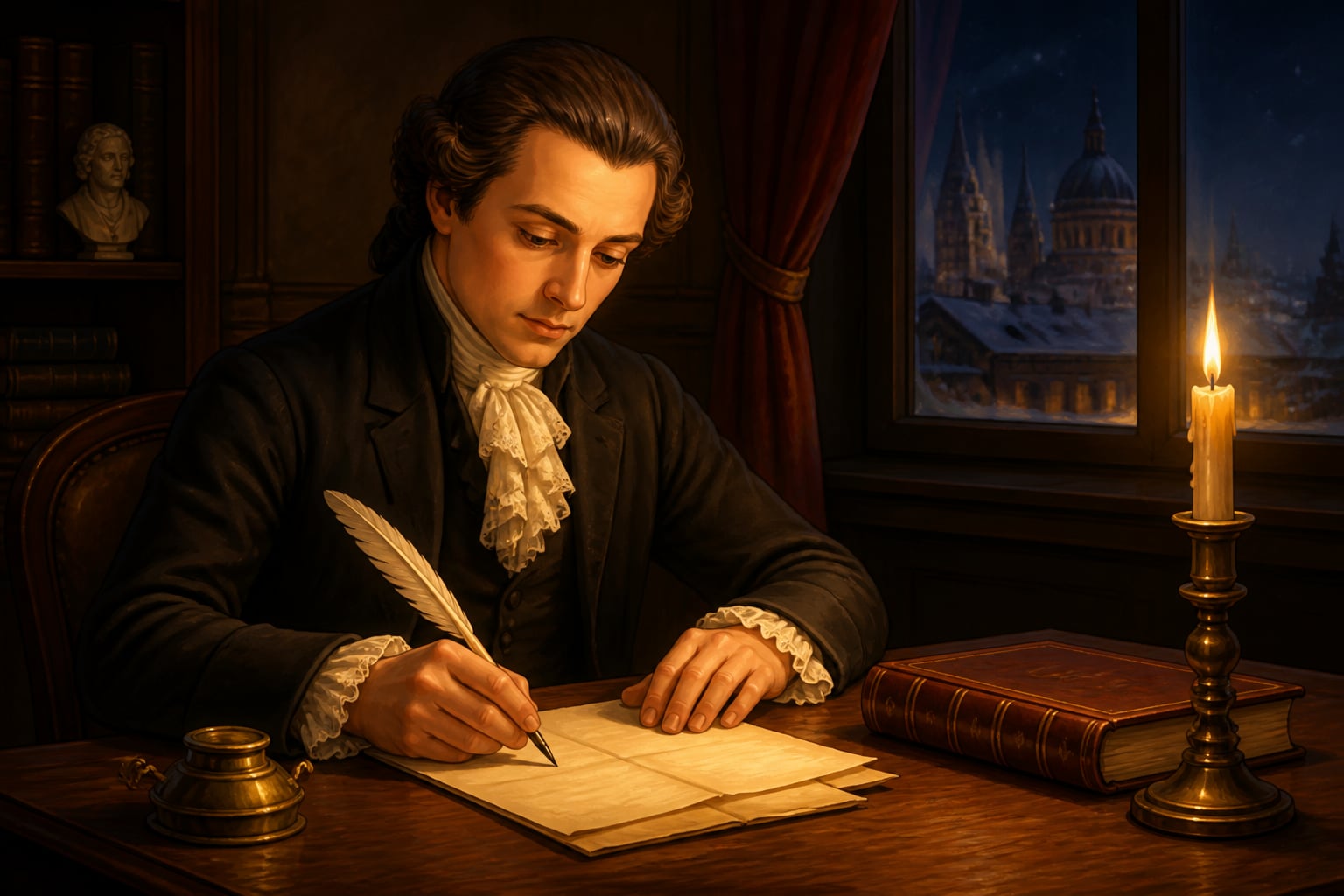 Cesare Beccaria writes On Crimes and Punishments by candlelight in Milan
