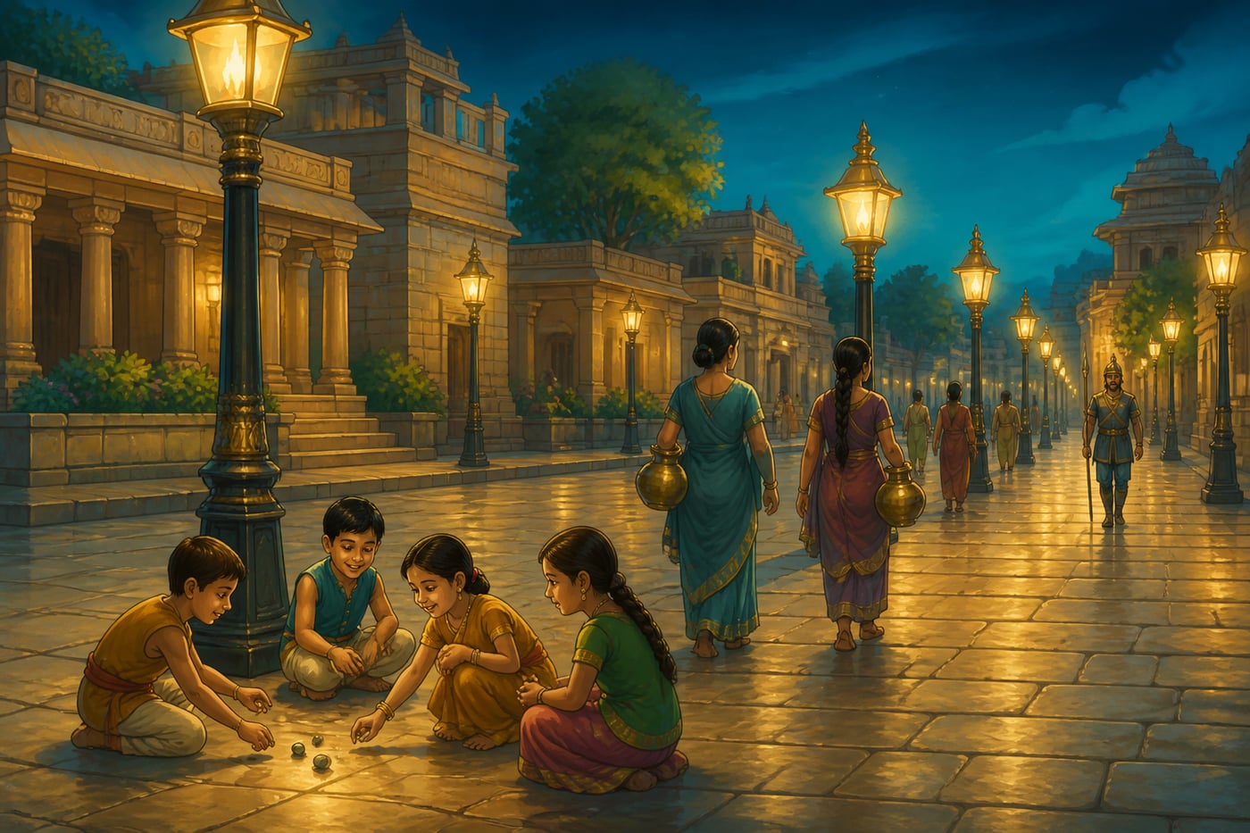 A well lit Mauryan evening street designed to deter crime