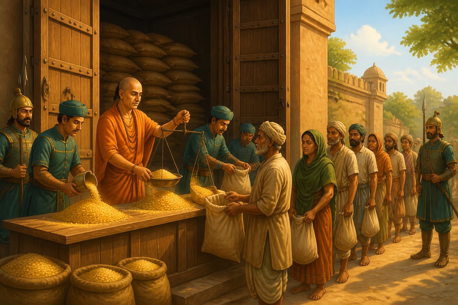 Mauryan officials distributing emergency grain relief from a provincial granary