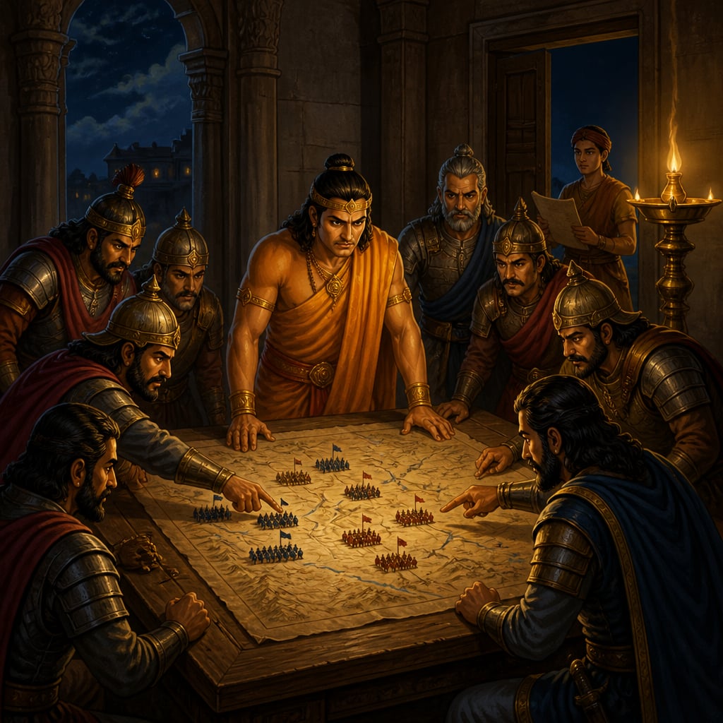 A Mauryan king and generals planning defense in a midnight war room