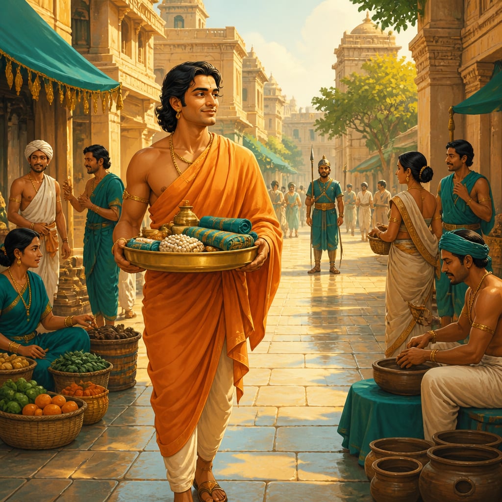 A free Mauryan citizen walking the marketplace with a distant watchman