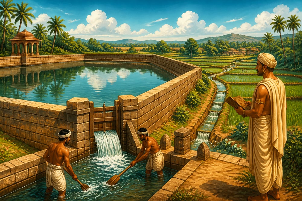 Mauryan irrigation reservoir feeding canal and paddies