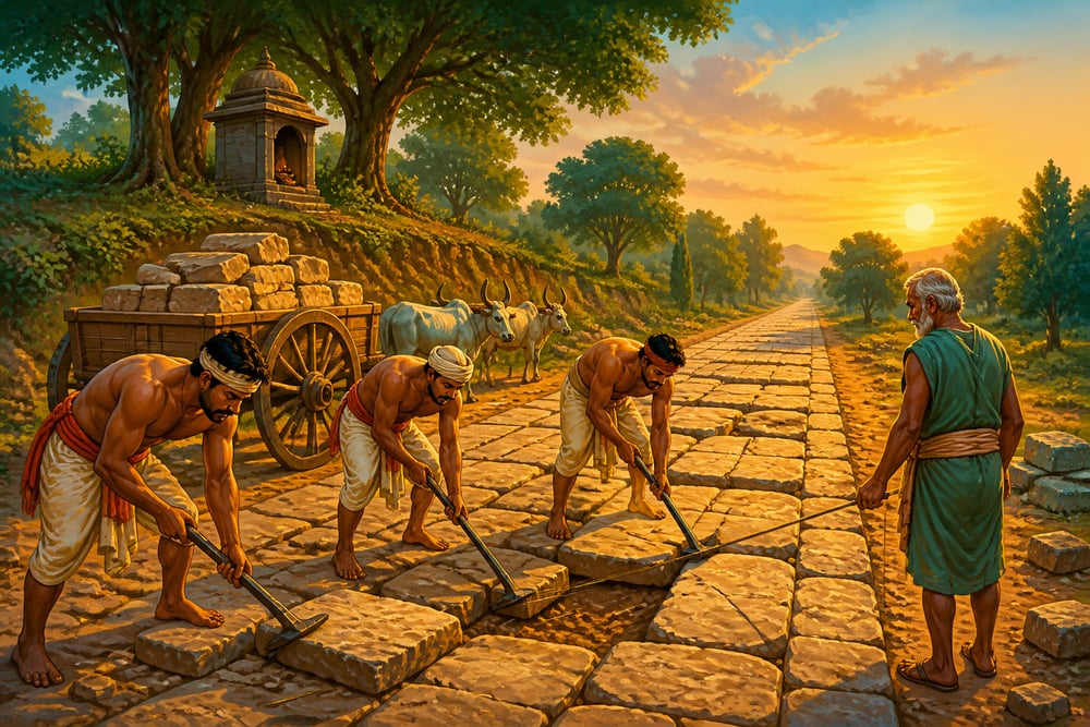 Stonemasons repairing royal highway flagstones at dusk