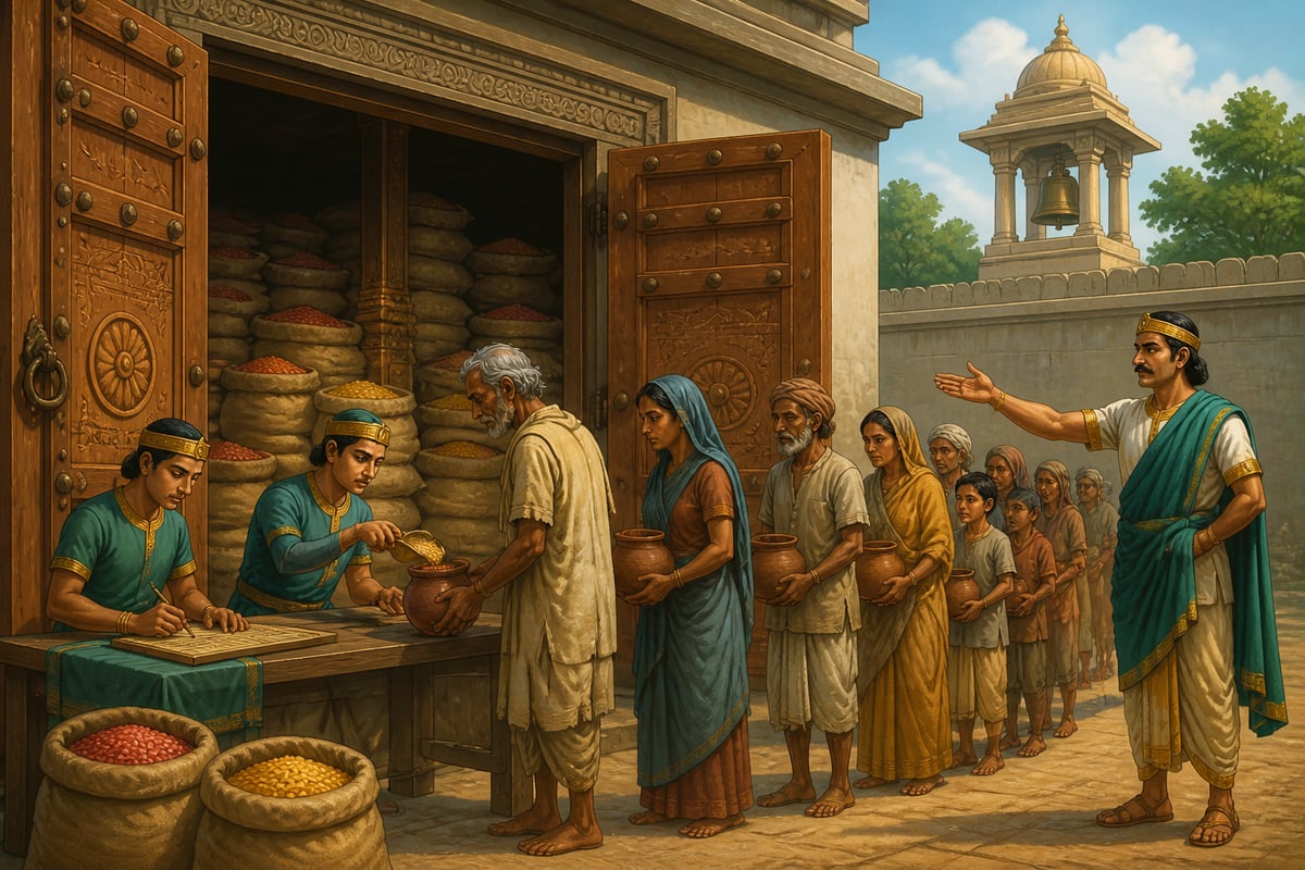 Royal granary distributing measured grain to villagers