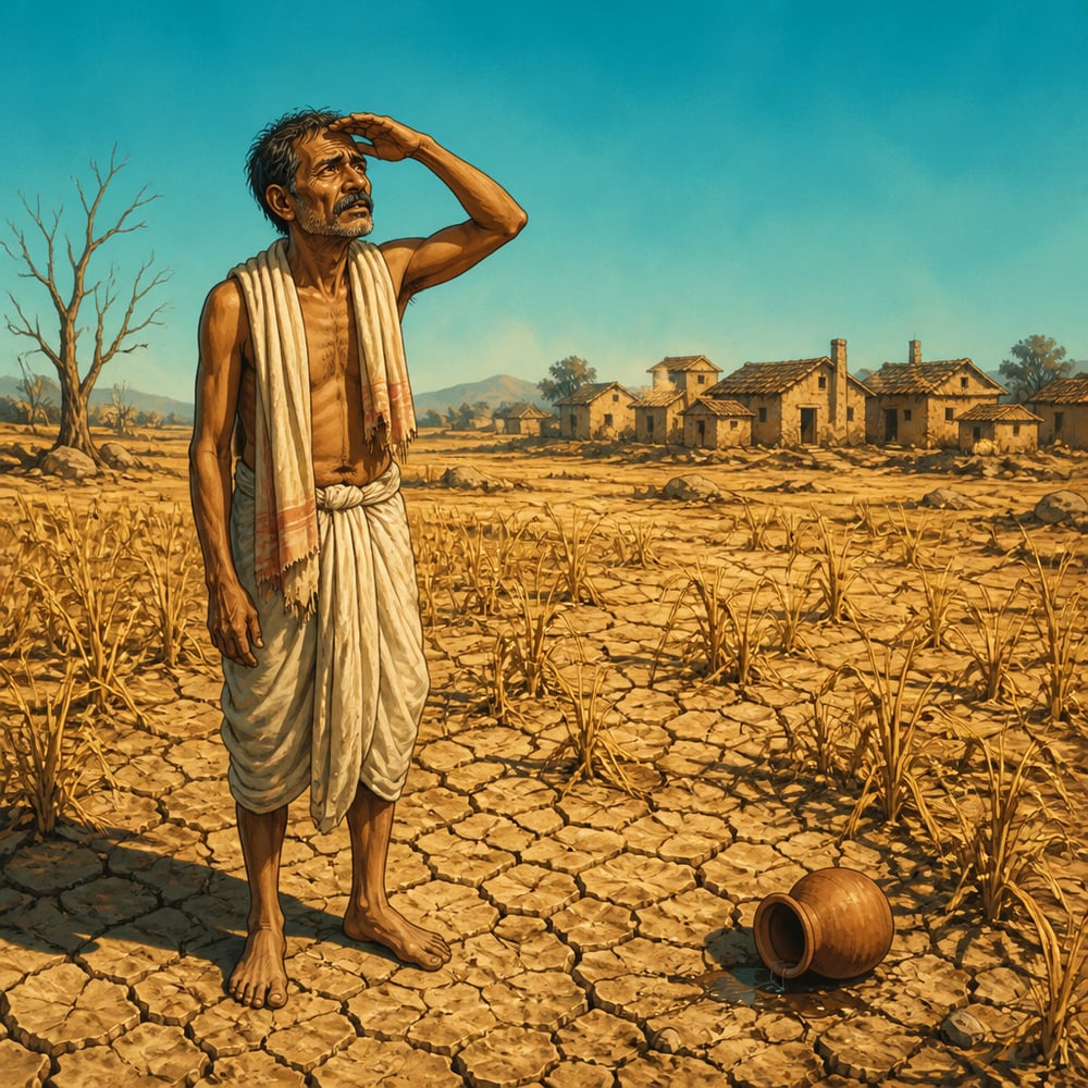 Mauryan villager surveying drought-parched paddy field at noon