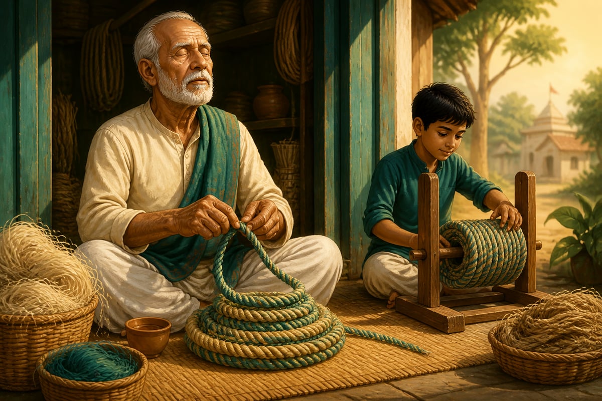 Blind elderly artisan twisting rope at workshop
