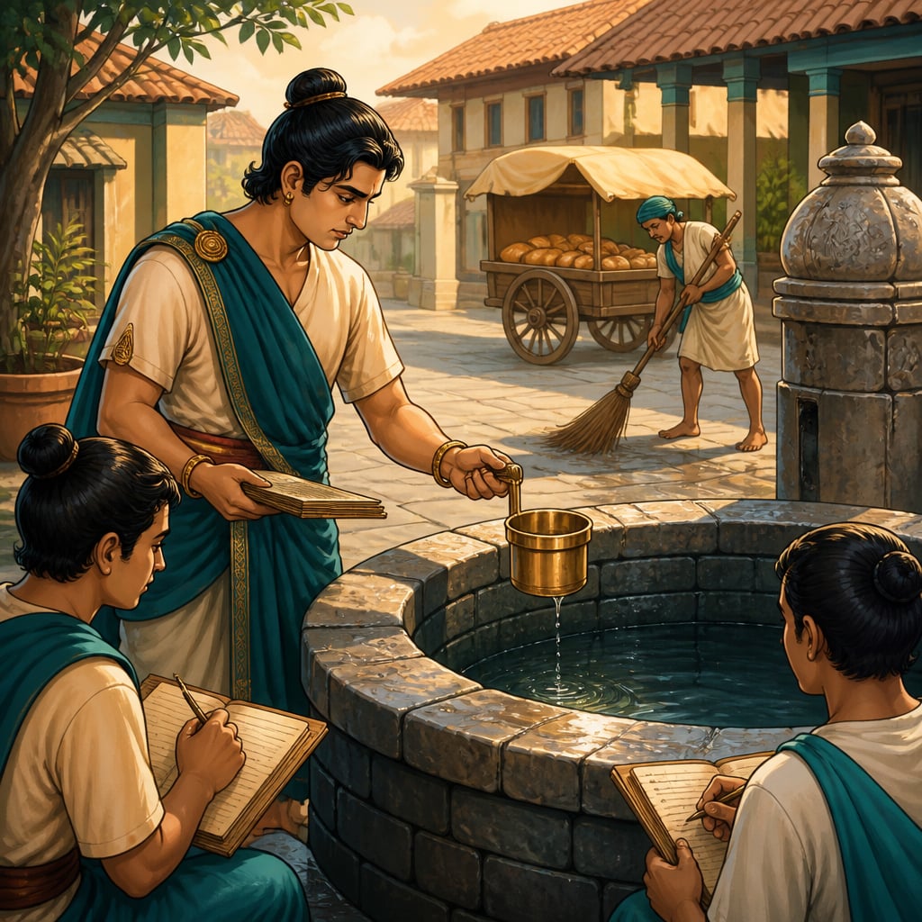 Nagarika inspecting public water well at dawn