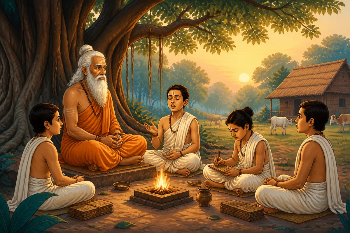 Forest guru teaching disciples under banyan tree