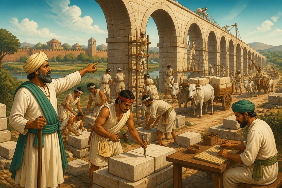 Workmen building stone aqueduct during economic downturn