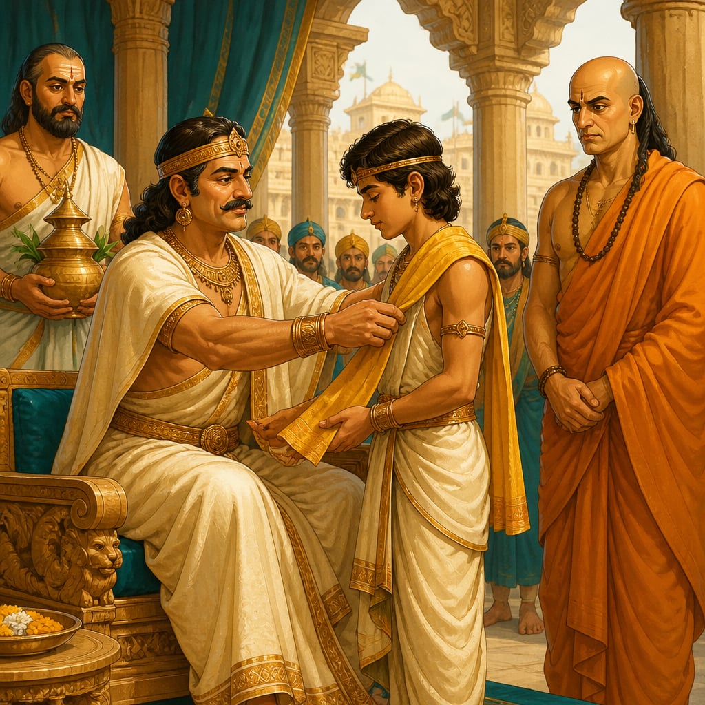 Chandragupta investing his son Bindusara as the yuvaraja crown prince