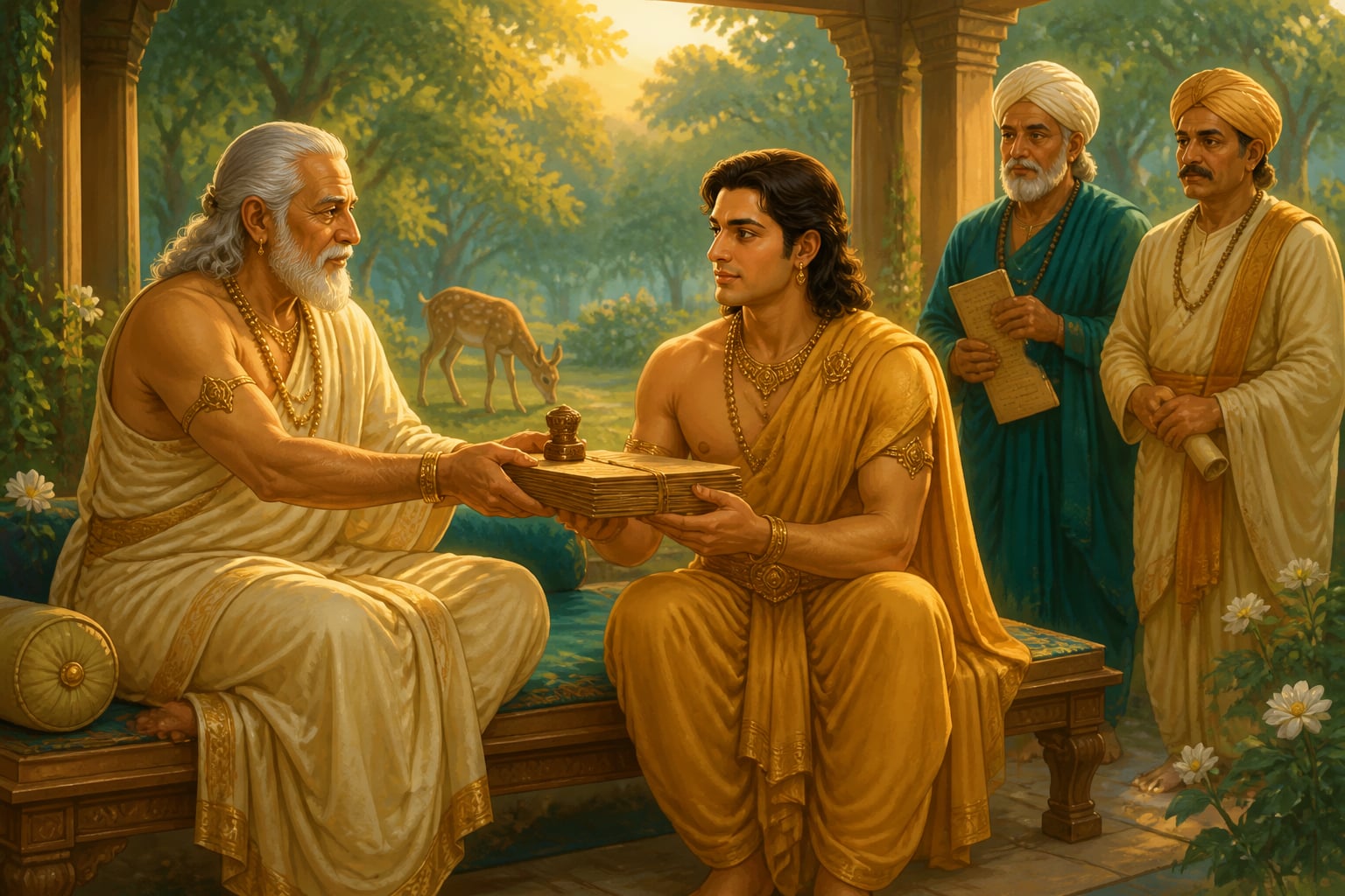 An aged Mauryan king transferring imperial authority to his mature yuvaraja