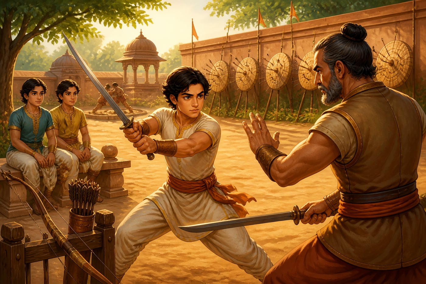 A Mauryan crown prince practicing swordwork in the training courtyard