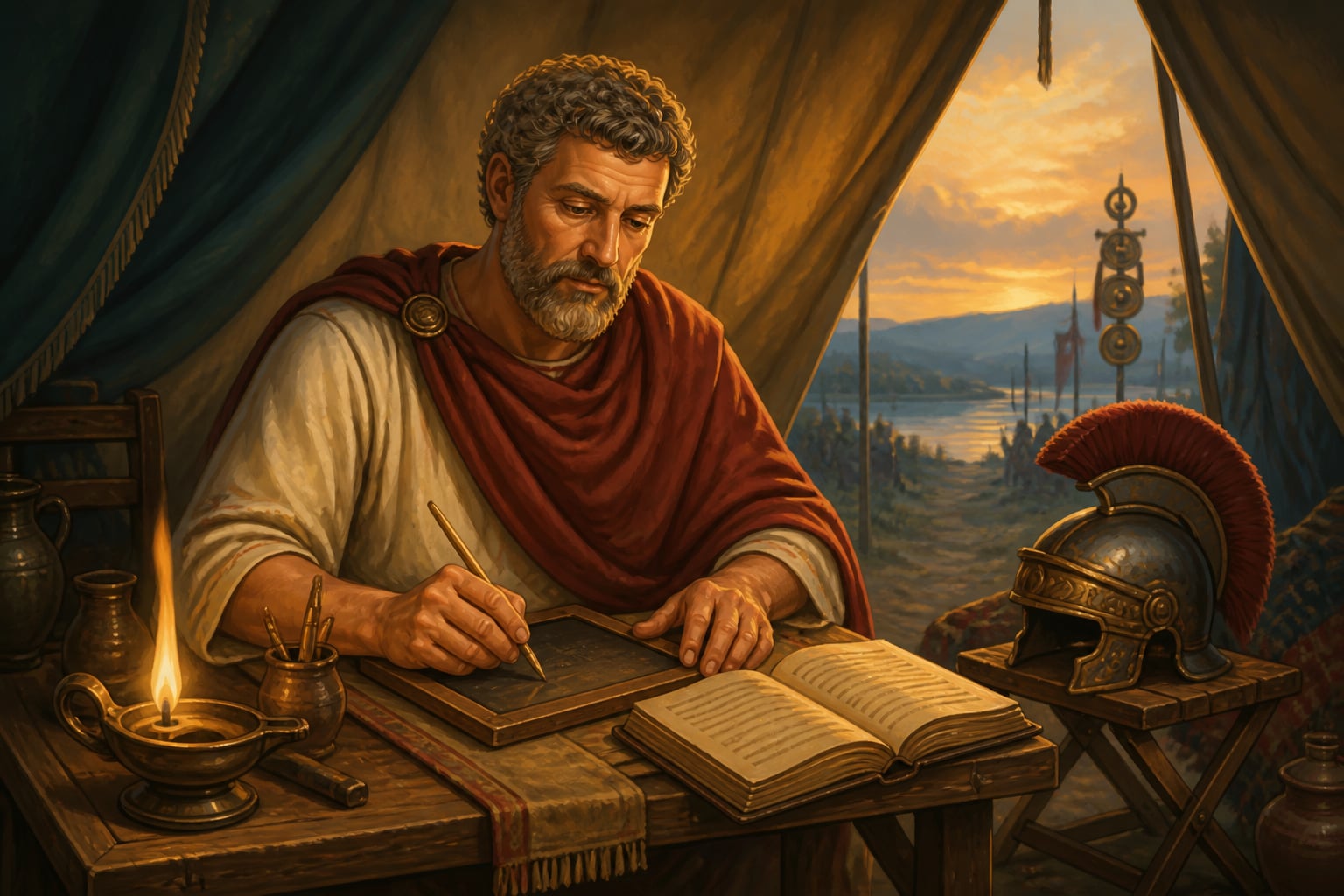 Marcus Aurelius inscribing meditations in his campaign tent