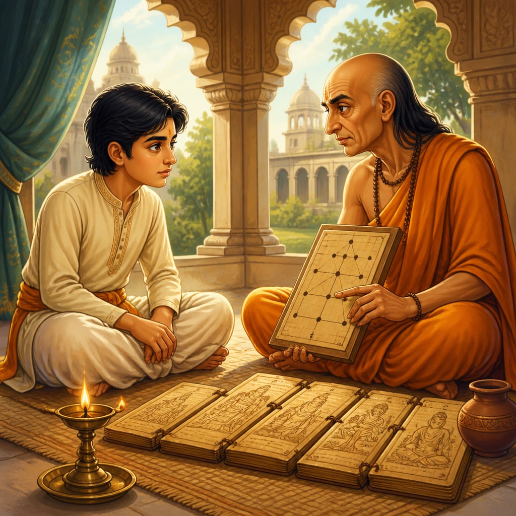 A young Mauryan prince studying anvikshiki philosophy with Chanakya