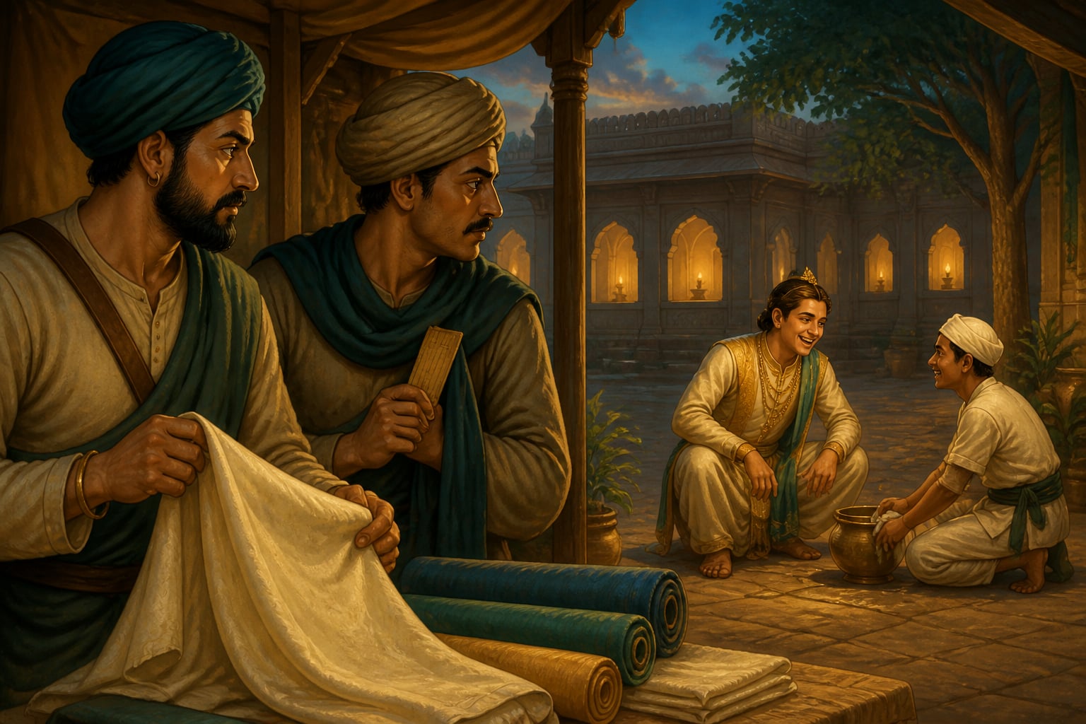 Mauryan intelligence agents discreetly observing the prince at dusk