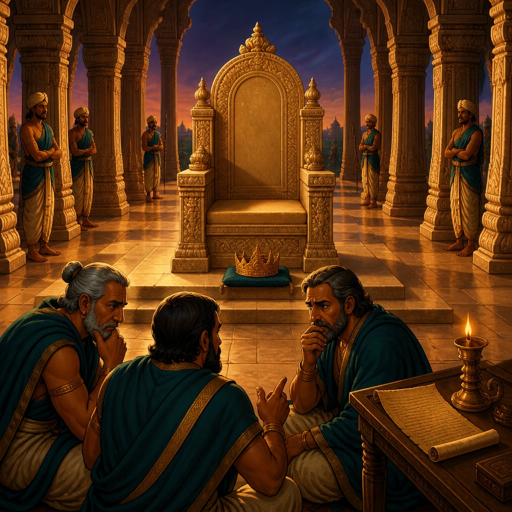 An empty Mauryan throne with worried ministers gathered before it