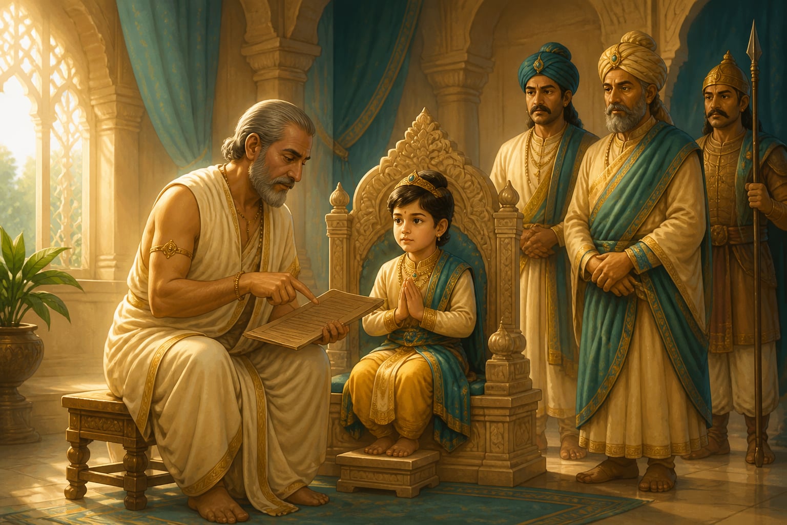 A trusted regent reviewing a decree for the young Mauryan child-king