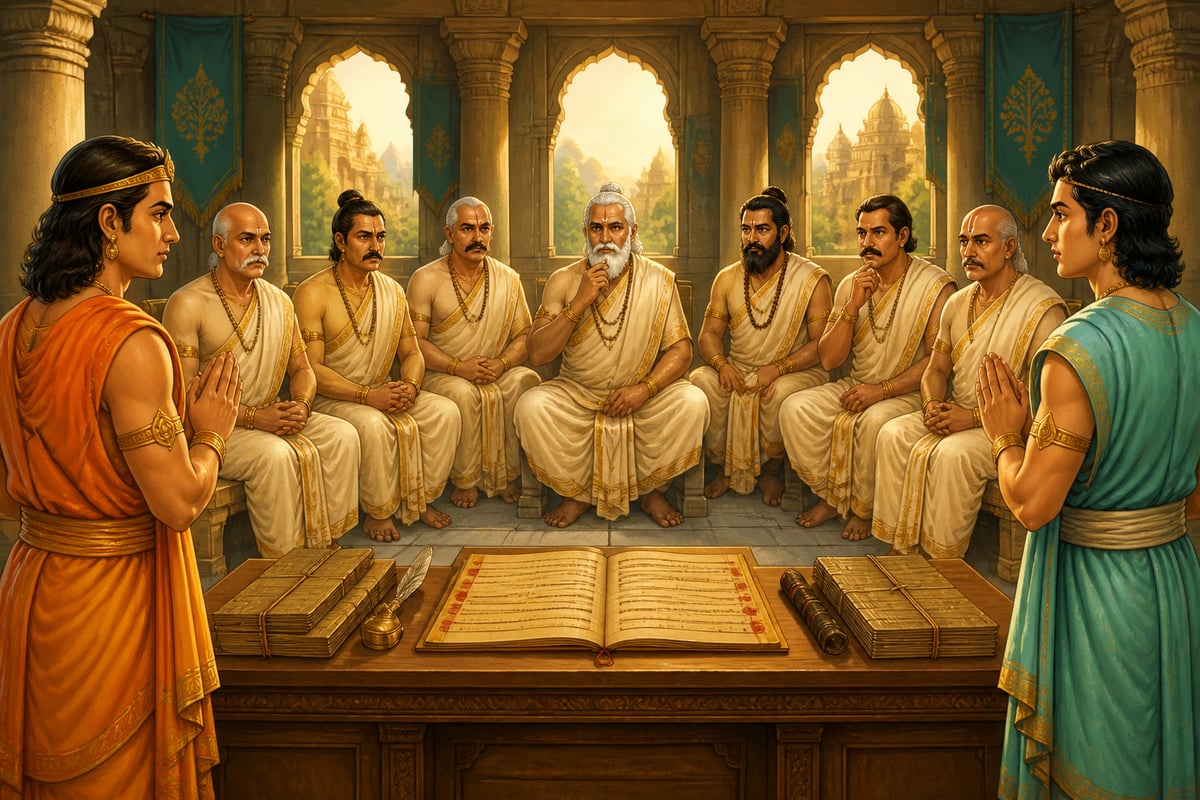 A Mauryan council arbitrating between two princely brothers' rival claims