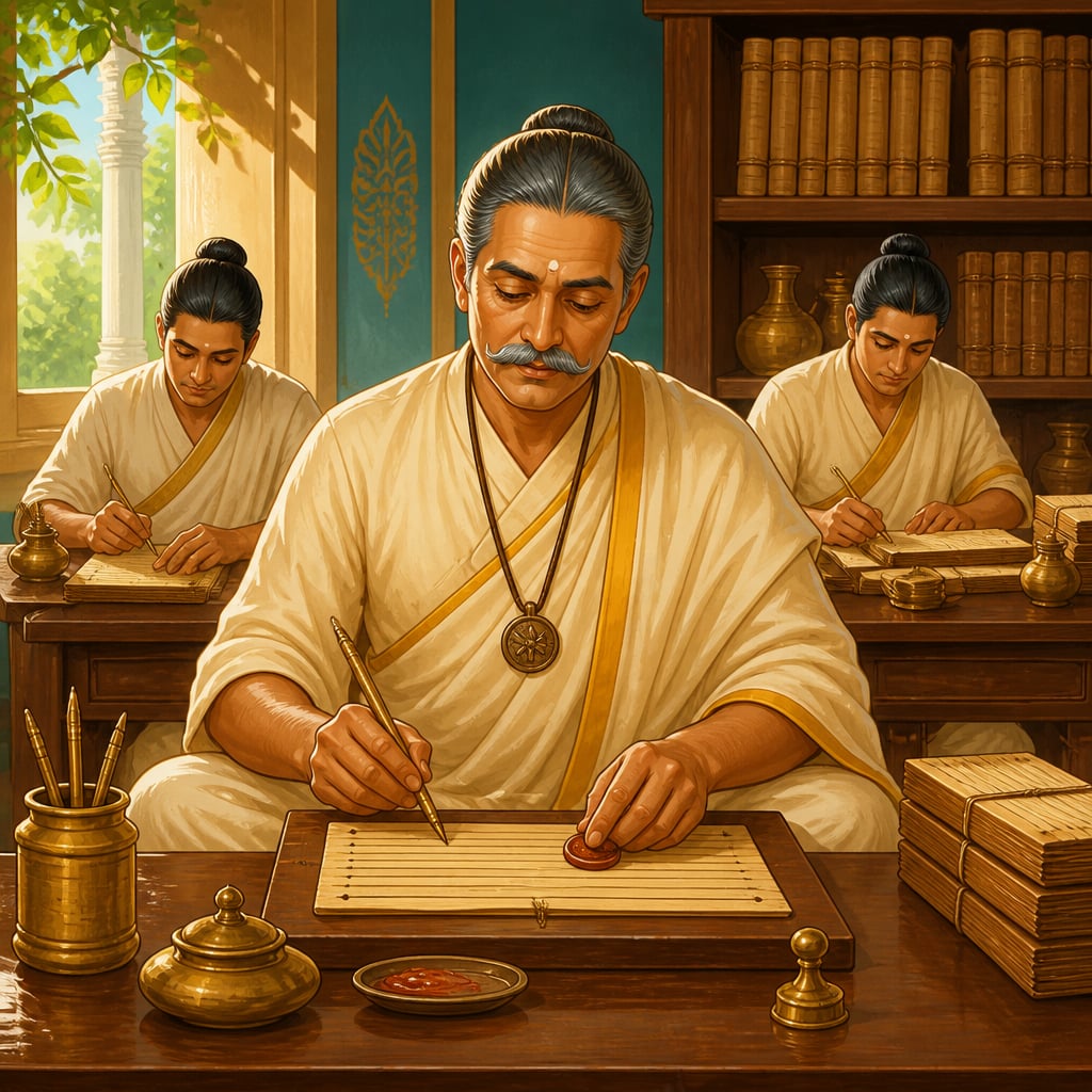 A senior Mauryan adhyaksha sealing a directive at his administrative desk