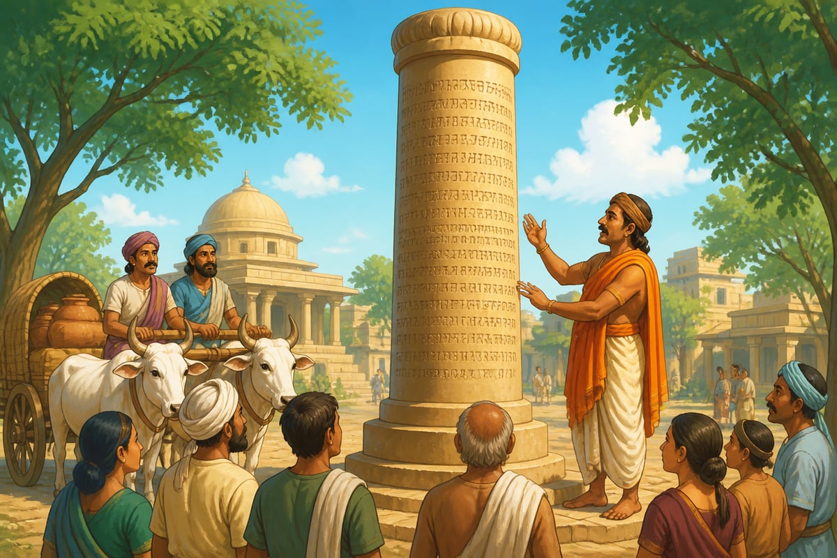 A town crier reading the published law at a Mauryan sandstone pillar