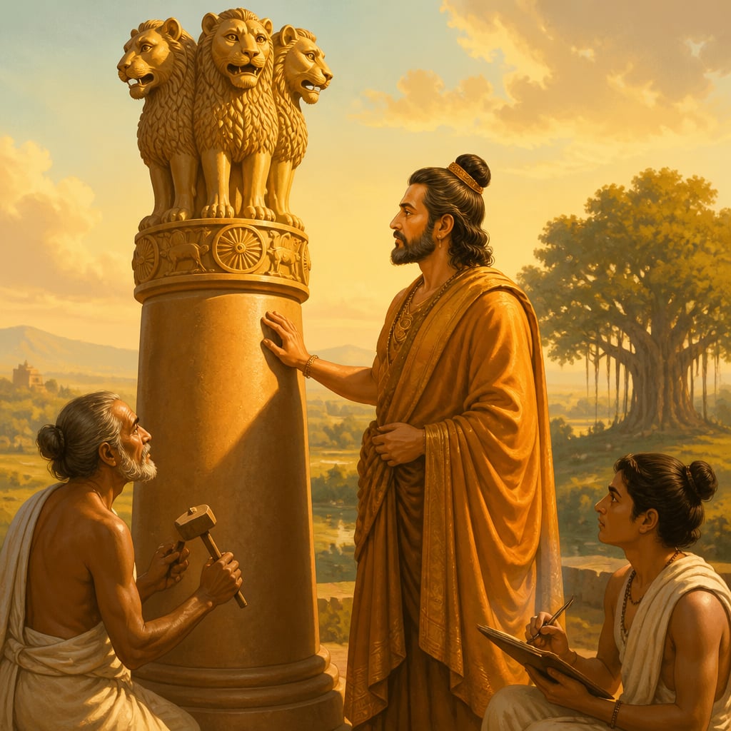 Emperor Ashoka touching an edict inscription on his sandstone pillar