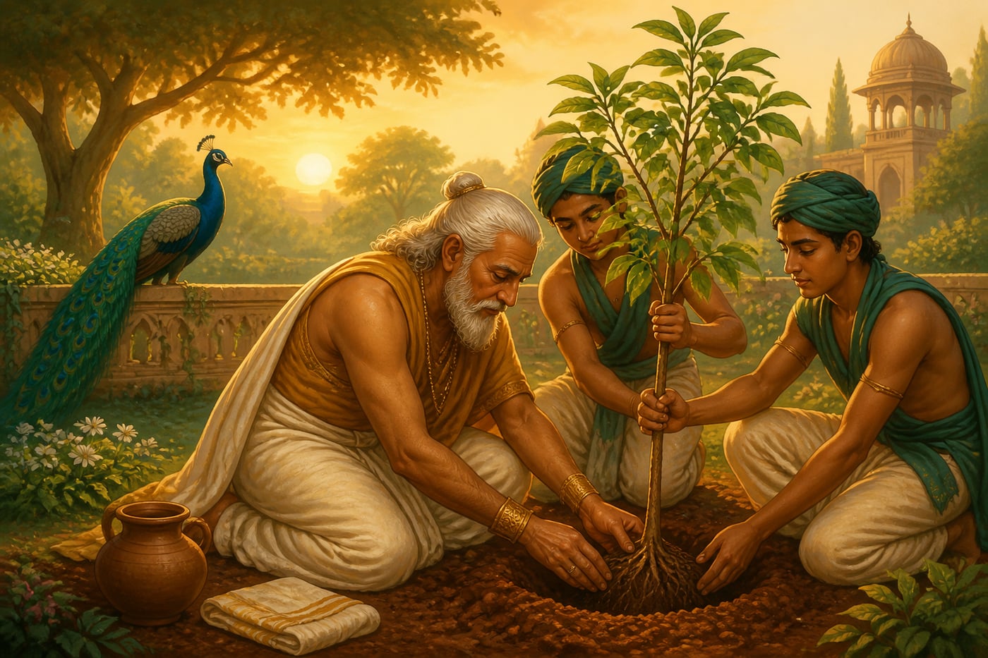 An aged Mauryan king planting a mango sapling at sunrise in the palace orchard