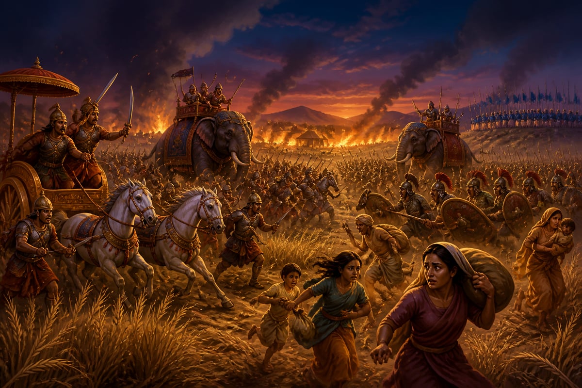 Mahajanapada armies clashing as villages burn in matsya nyaya chaos