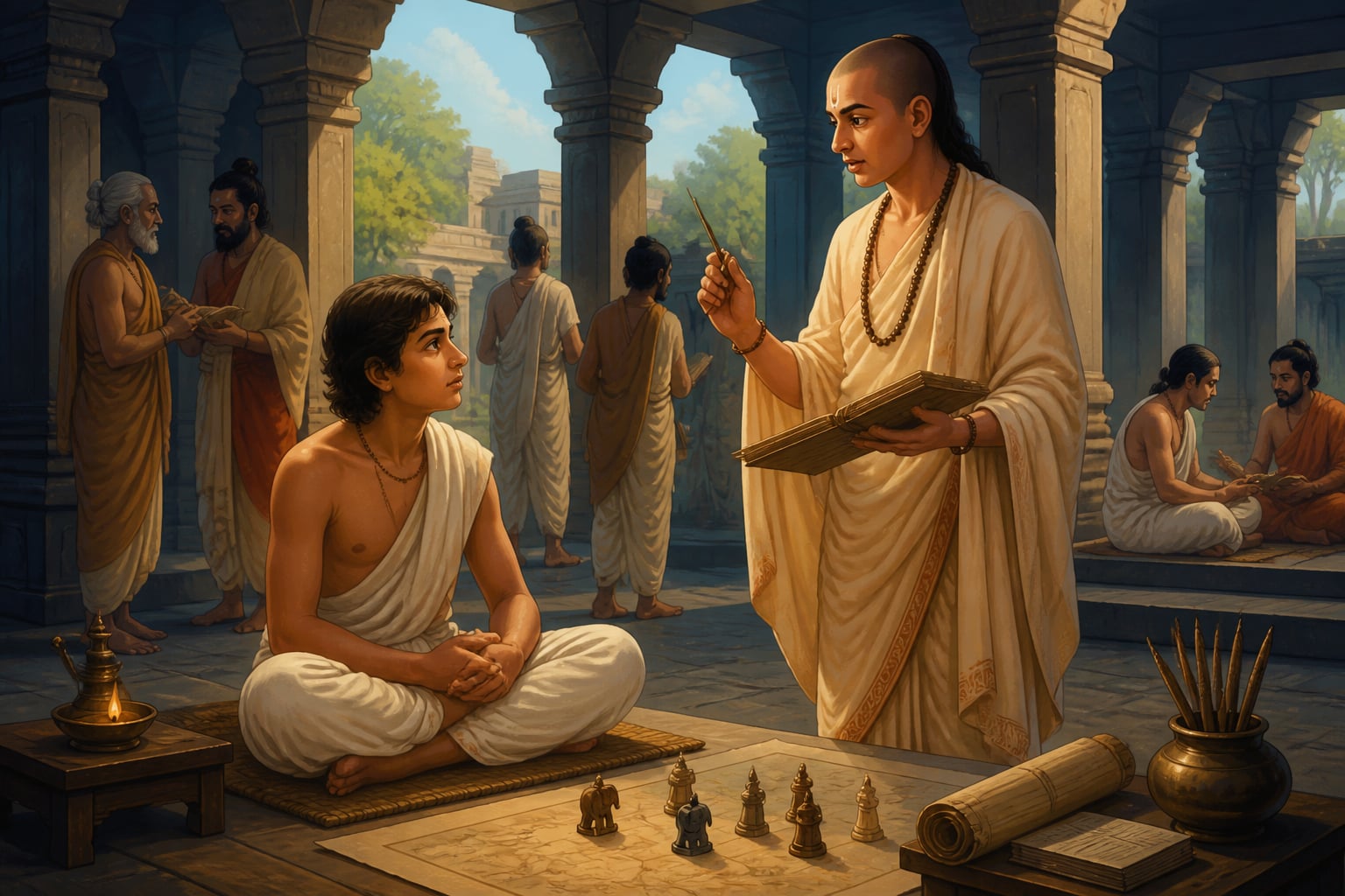 Young Chandragupta learning strategy from Kautilya at Takshashila