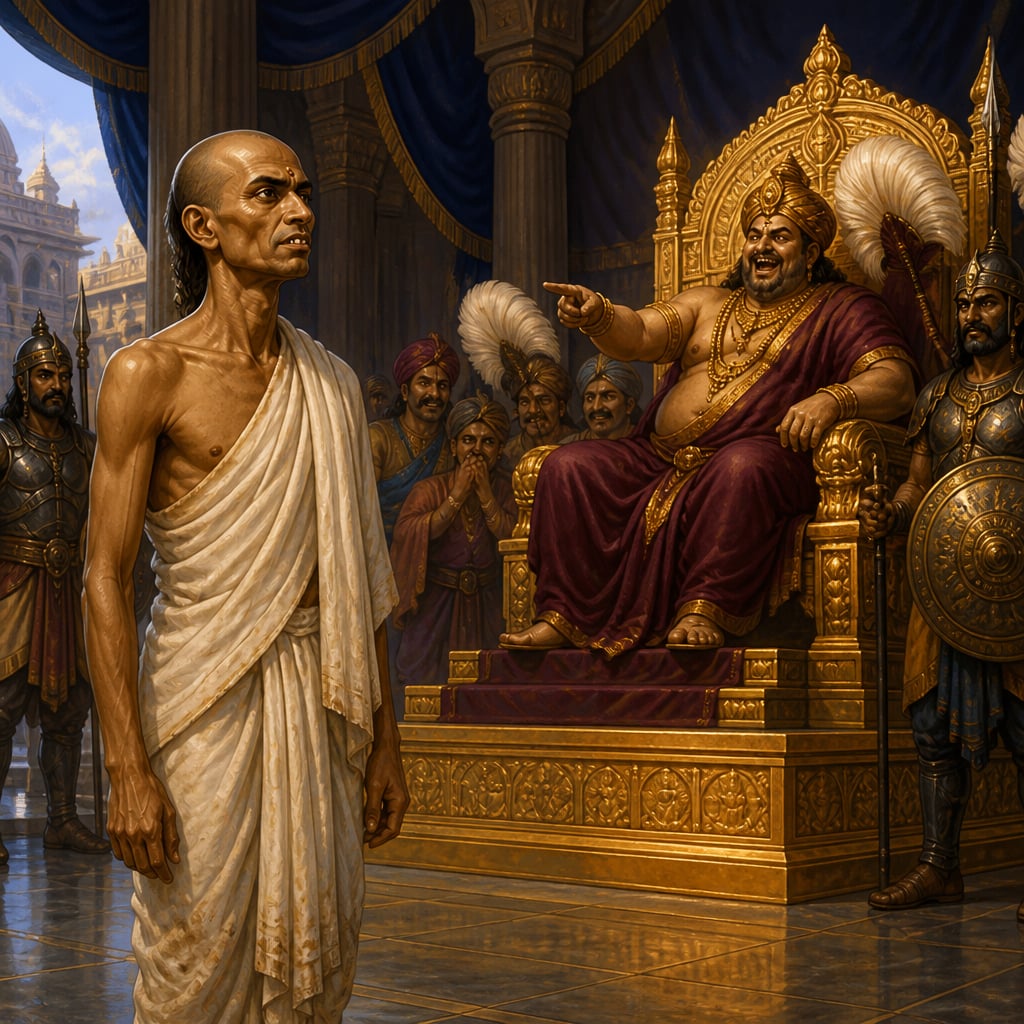 Vishnugupta humiliated before Dhana Nanda at the Pataliputra court
