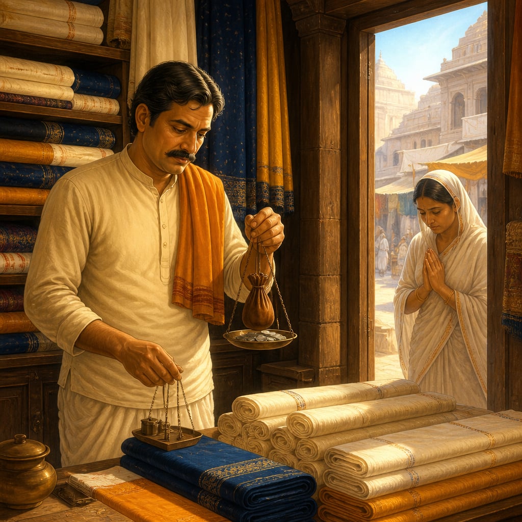 Dhanapati the cloth merchant facing his widowed cousin at the shop threshold