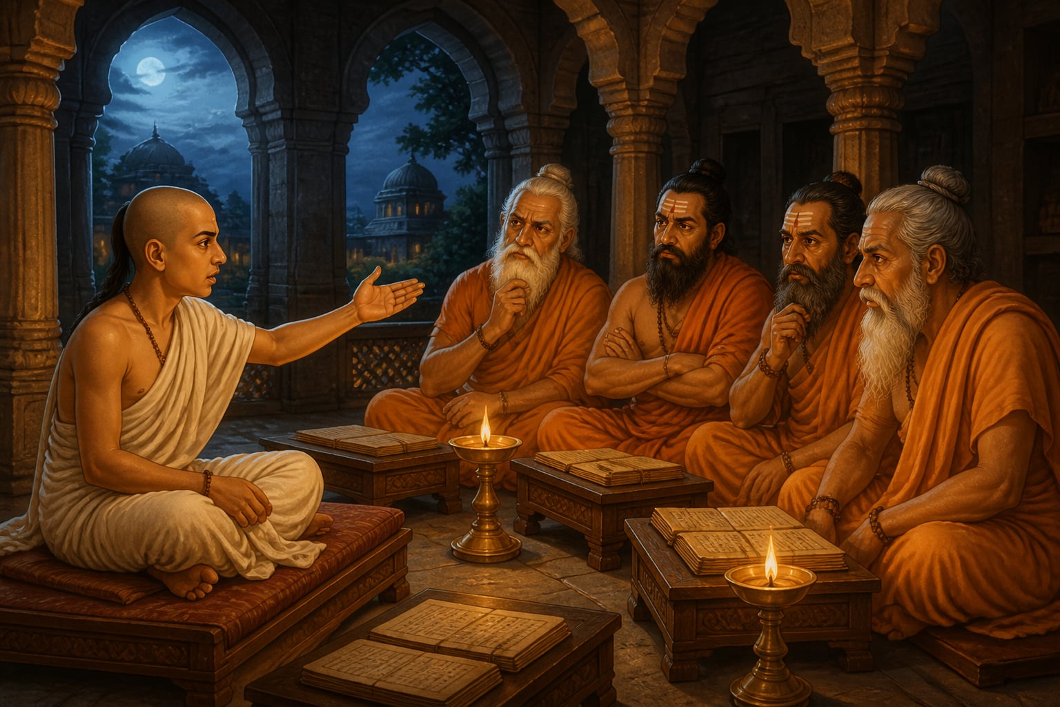 Young Kautilya debating senior scholars at Takshashila by night
