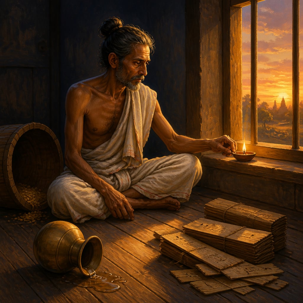 Bhrigu the scholar in his emptied Pataliputra home after the tax raid