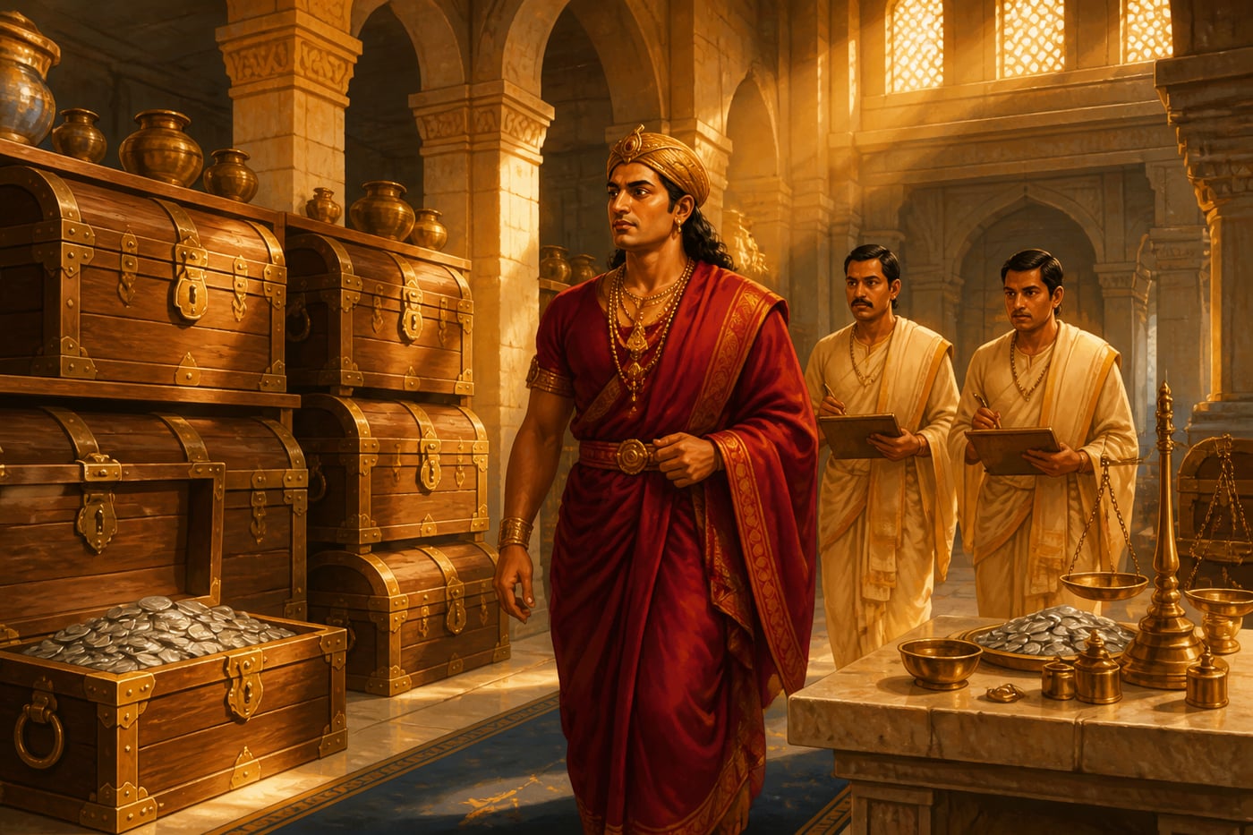 Chandragupta walking through the Mauryan treasury hall with his ministers
