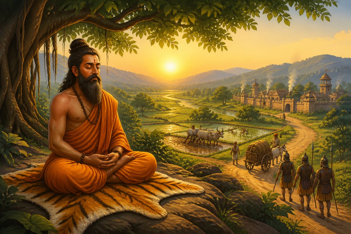A forest sage meditating above a Mauryan valley of farmers and soldiers