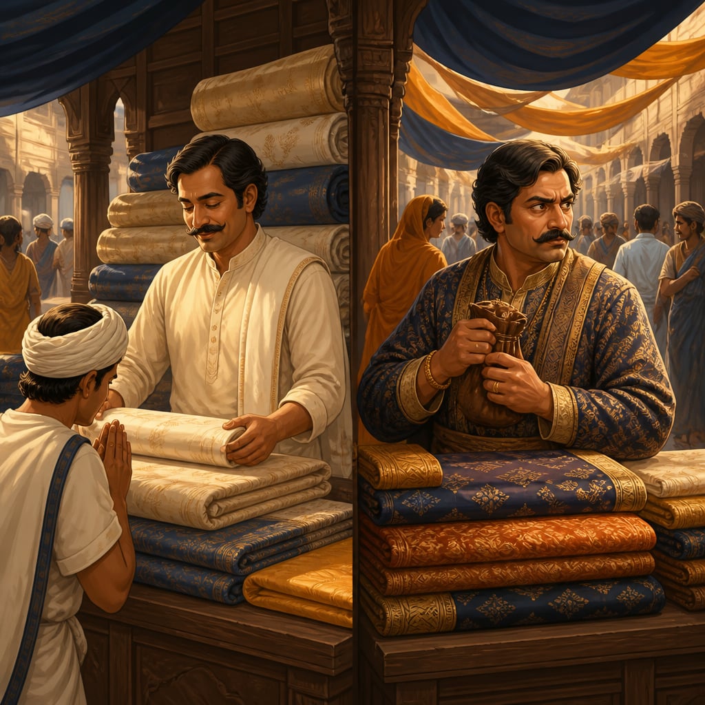 Rajashekhara and Dhananjaya at adjacent cloth stalls in Pataliputra