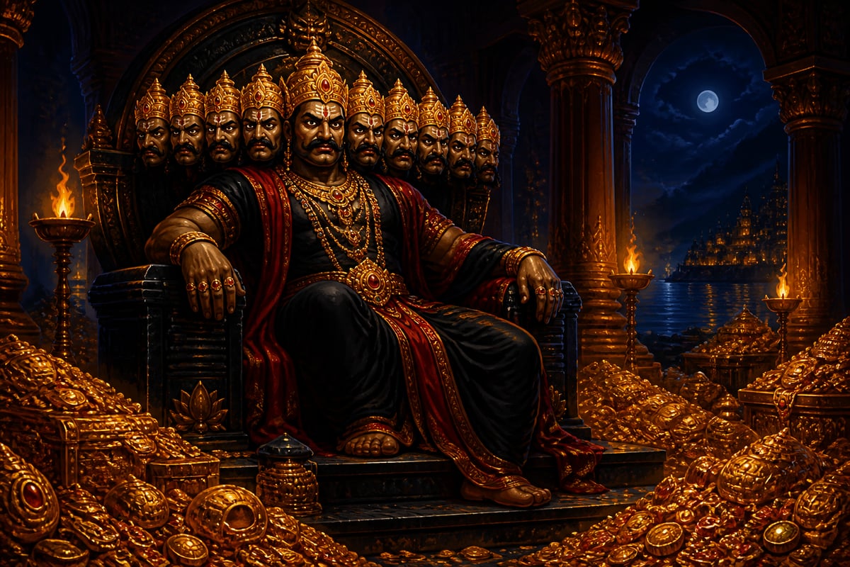 Ravana alone on his obsidian throne among hoarded treasures of Lanka