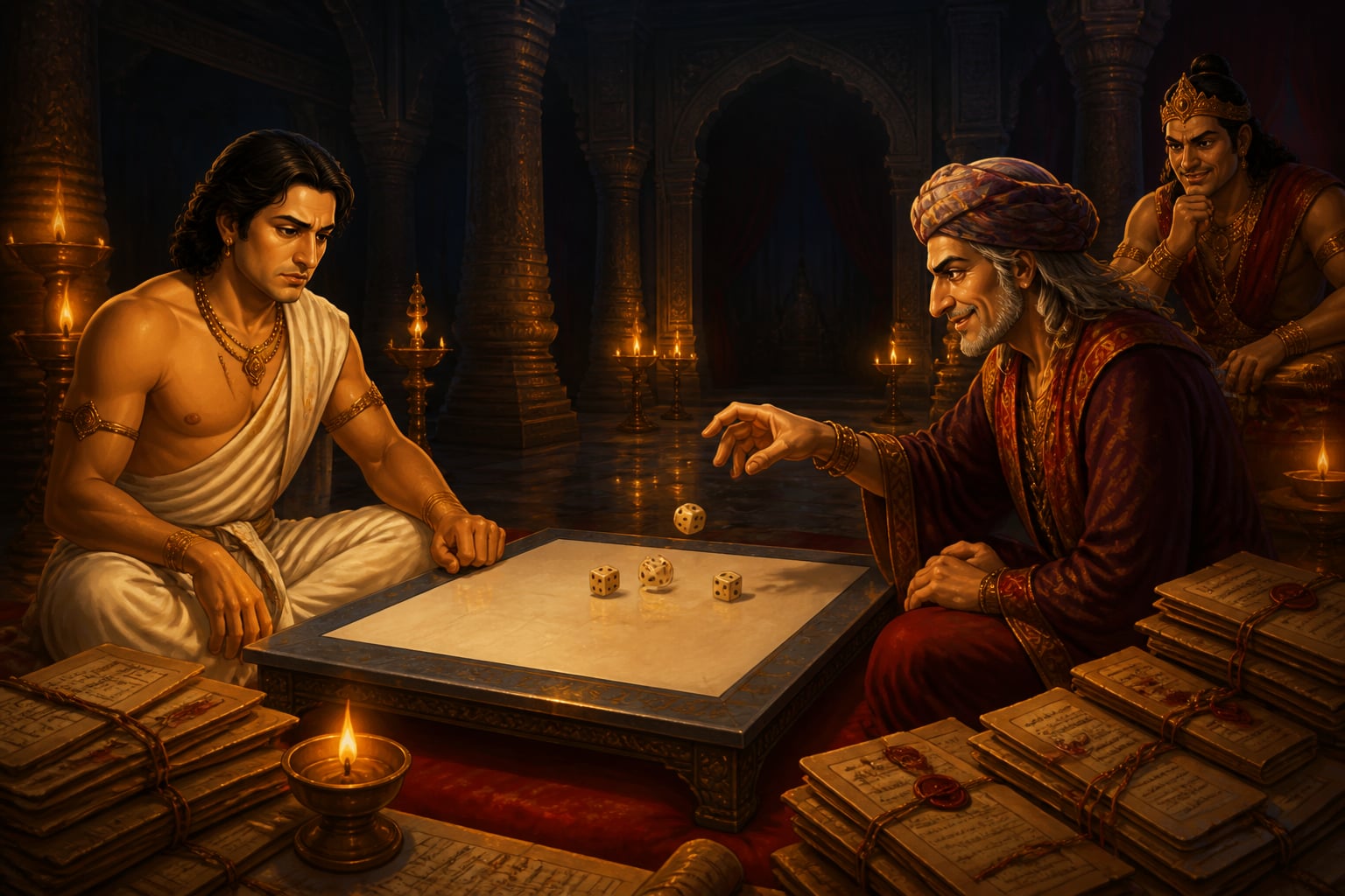 Yudhishthira at the dice table opposite Shakuni at Hastinapura