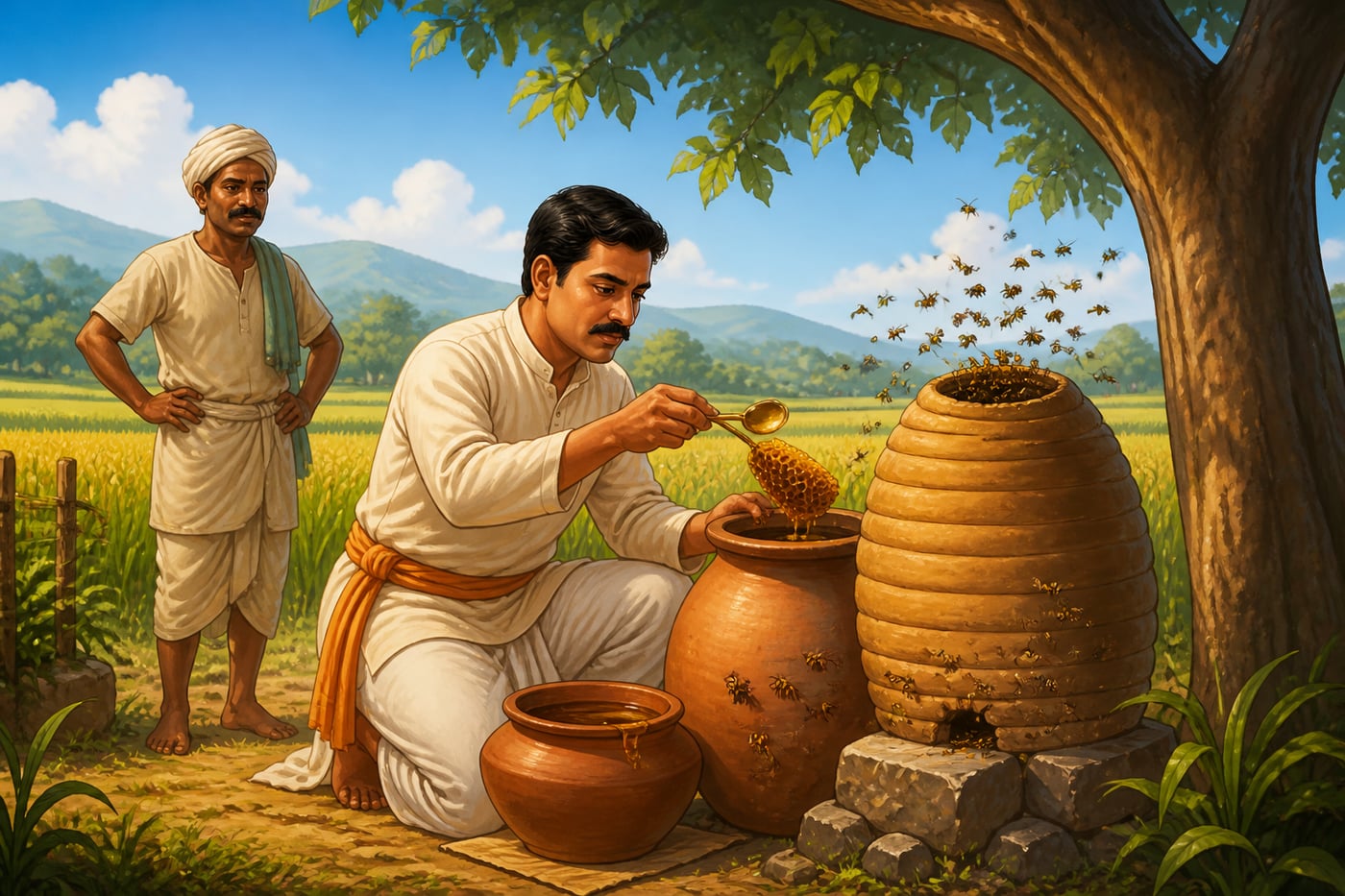 A Mauryan tax collector lifting honey from a beehive without harming it