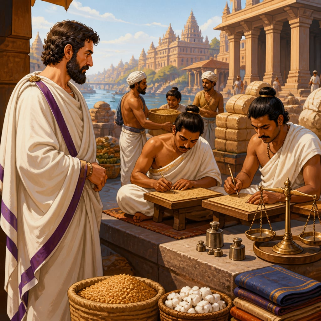 Megasthenes observing Mauryan scribes record transactions at Pataliputra
