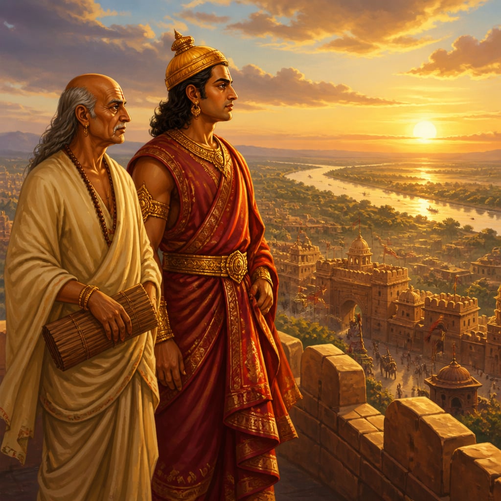 Chandragupta and Kautilya on the walls of Pataliputra at dawn