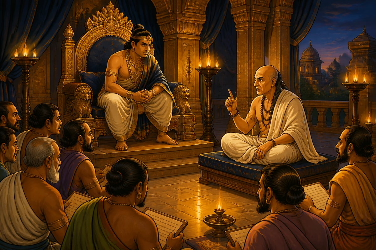 Kautilya advising Chandragupta in the Mauryan council hall